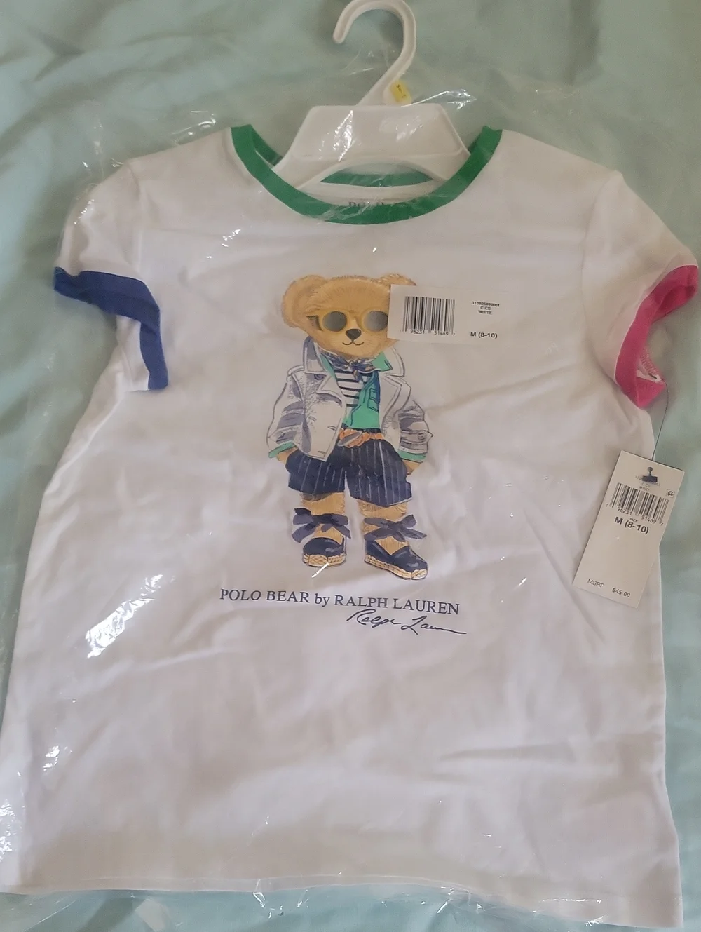 Ralph Lauren White Polo Bear Tee with Green Neck and Multicolor Sleeve Trim